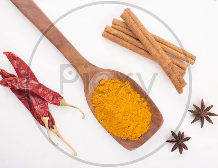 Wooden Spoon With Mixed Spices, Top View Stock Photo