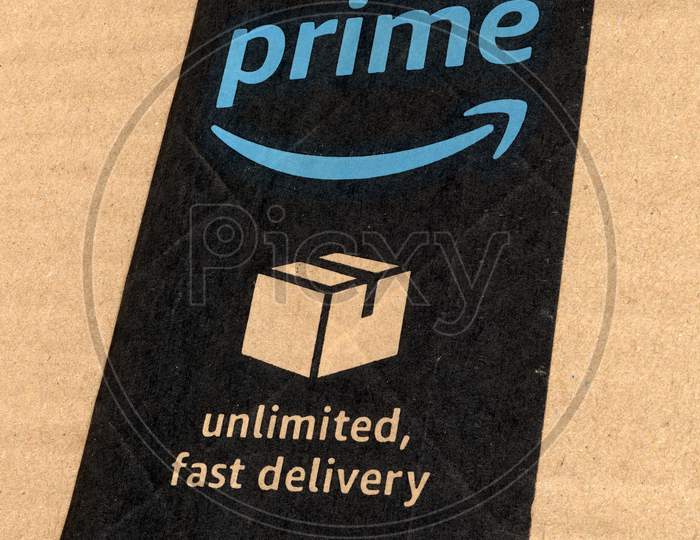 Seattle, Usa - Circa December 2017: Amazon Prime Label On A Parcel