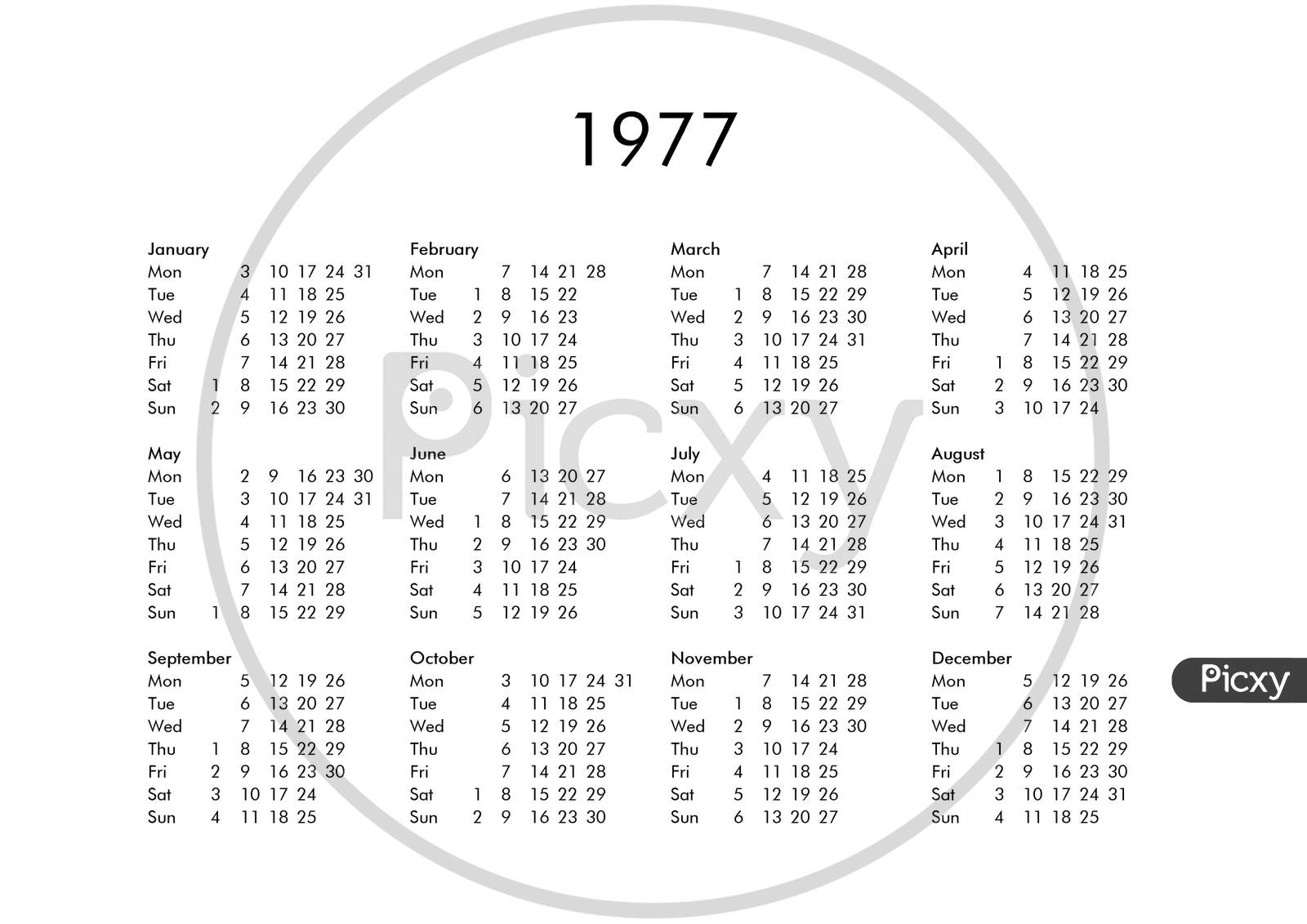 Image of Calendar Of Year 1977 GQ818744 Picxy
