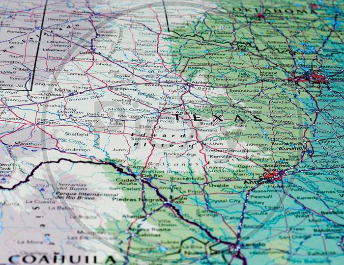 Austin, Usa - Circa May 2016: Map Of Texas With Selective Focus On Name Of State