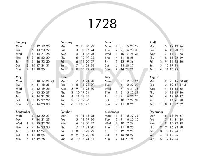 Calendar Of Year 1728