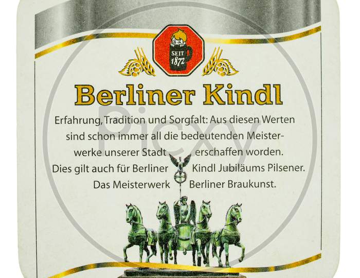 Berlin, Germany - March 15, 2015: Beermat Of German Beer Berliner Kindl Isolated Over White Background