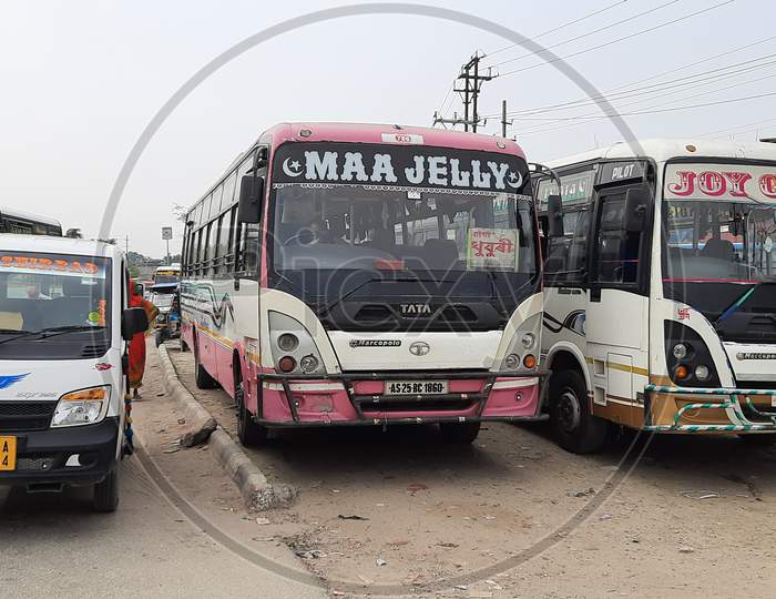 Buses at Barpeta Road Bus Stand Near Howly Traffic Point
