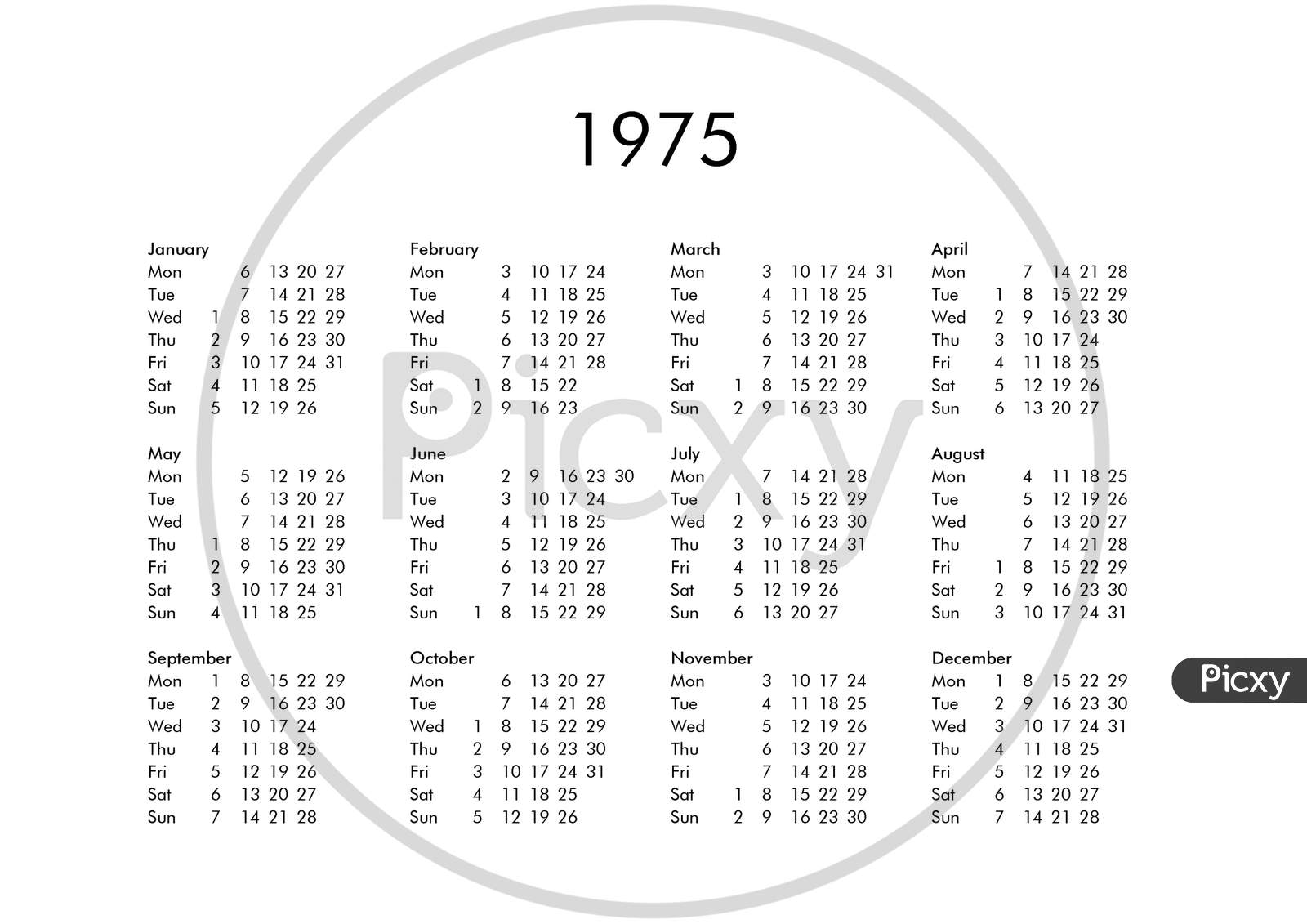 Calendar Of Year 1975