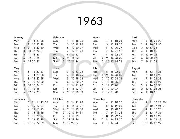Calendar Of Year 1963