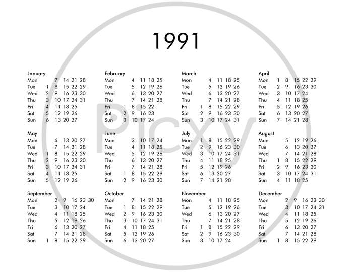 Calendar Of Year 1991