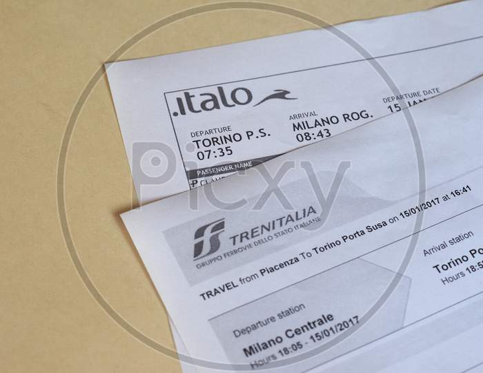 Milan, Italy - Circa January 2017: Italian Italo And Trenitalia Train Tickets