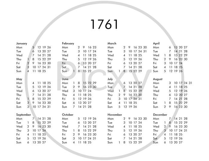 Calendar Of Year 1761