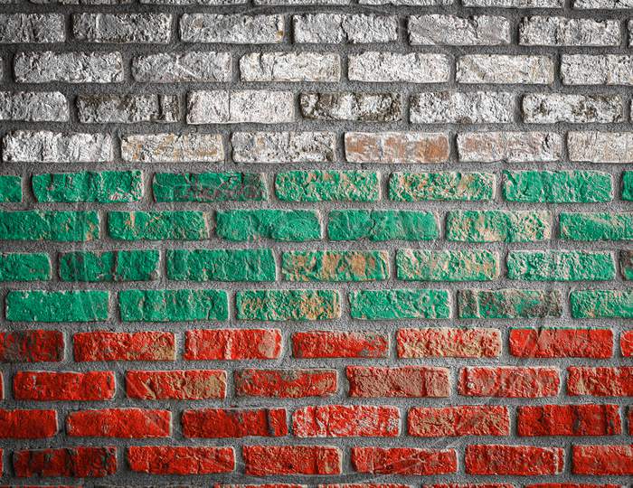 National Flag Of Bulgaria
 Depicting In Paint Colors On An Old Brick Wall. Flag  Banner On Brick Wall Background.