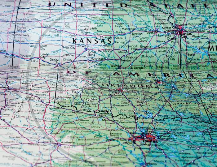 Oklahoma City, Usa - Circa May 2016: Map Of Oklahoma With Selective Focus On Name Of State