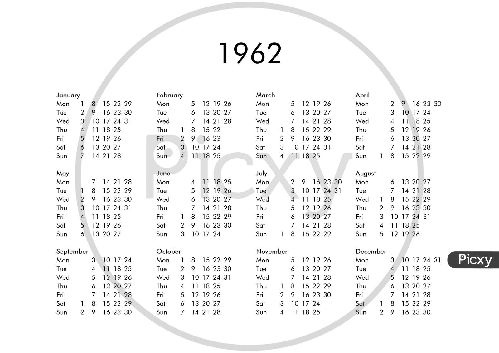 Calendar Of Year 1962