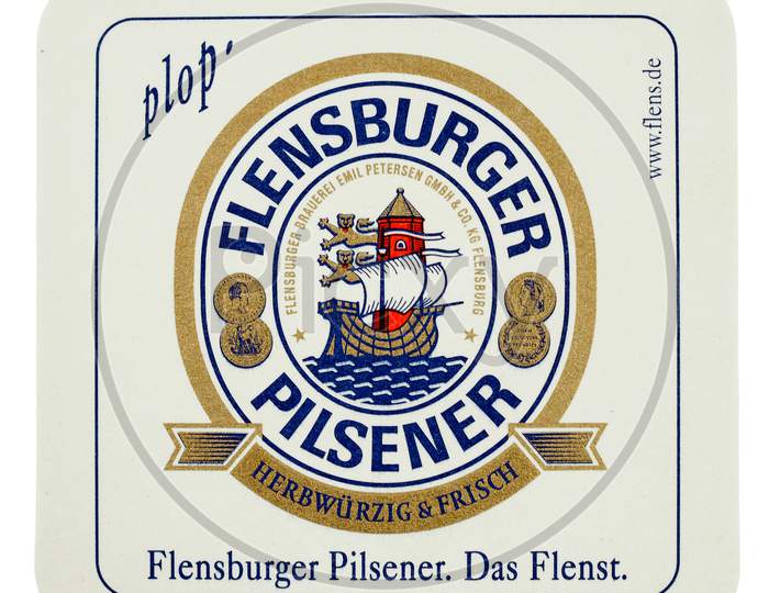 Berlin, Germany - March 15, 2015: Beermat Of German Beer Flensburger Isolated Over White Background