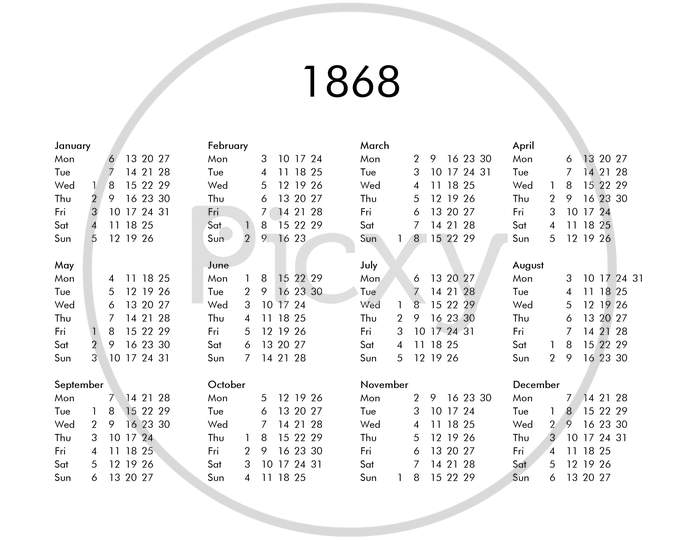 Calendar Of Year 1868