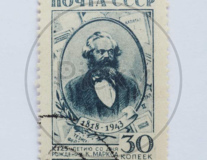 Moscow, Russia - Circa 2015: A Stamp Printed By Ussr Shows A Karl Marx Portrait