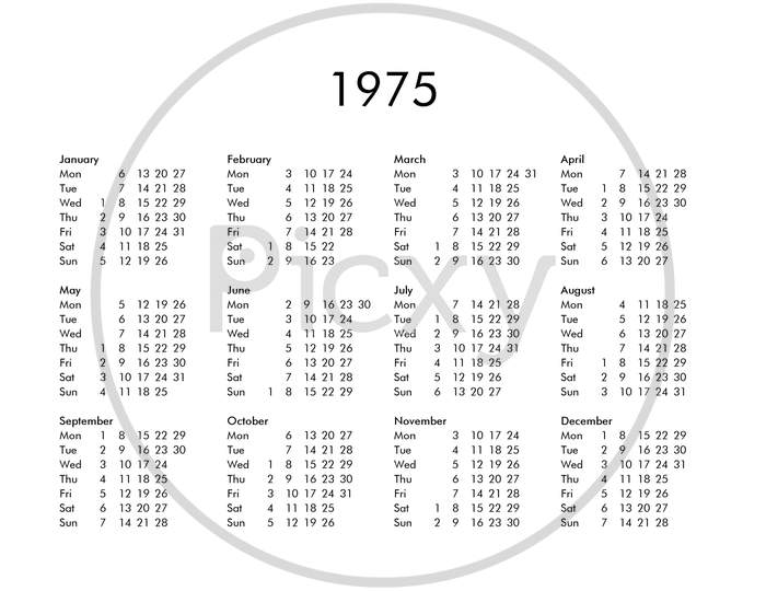 Calendar Of Year 1975