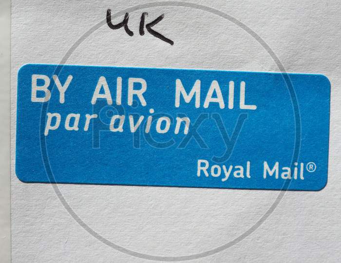 London, Uk - Circa August 2016: By Air Mail Label Used By Royal Mail