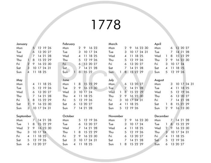 Calendar Of Year 1778