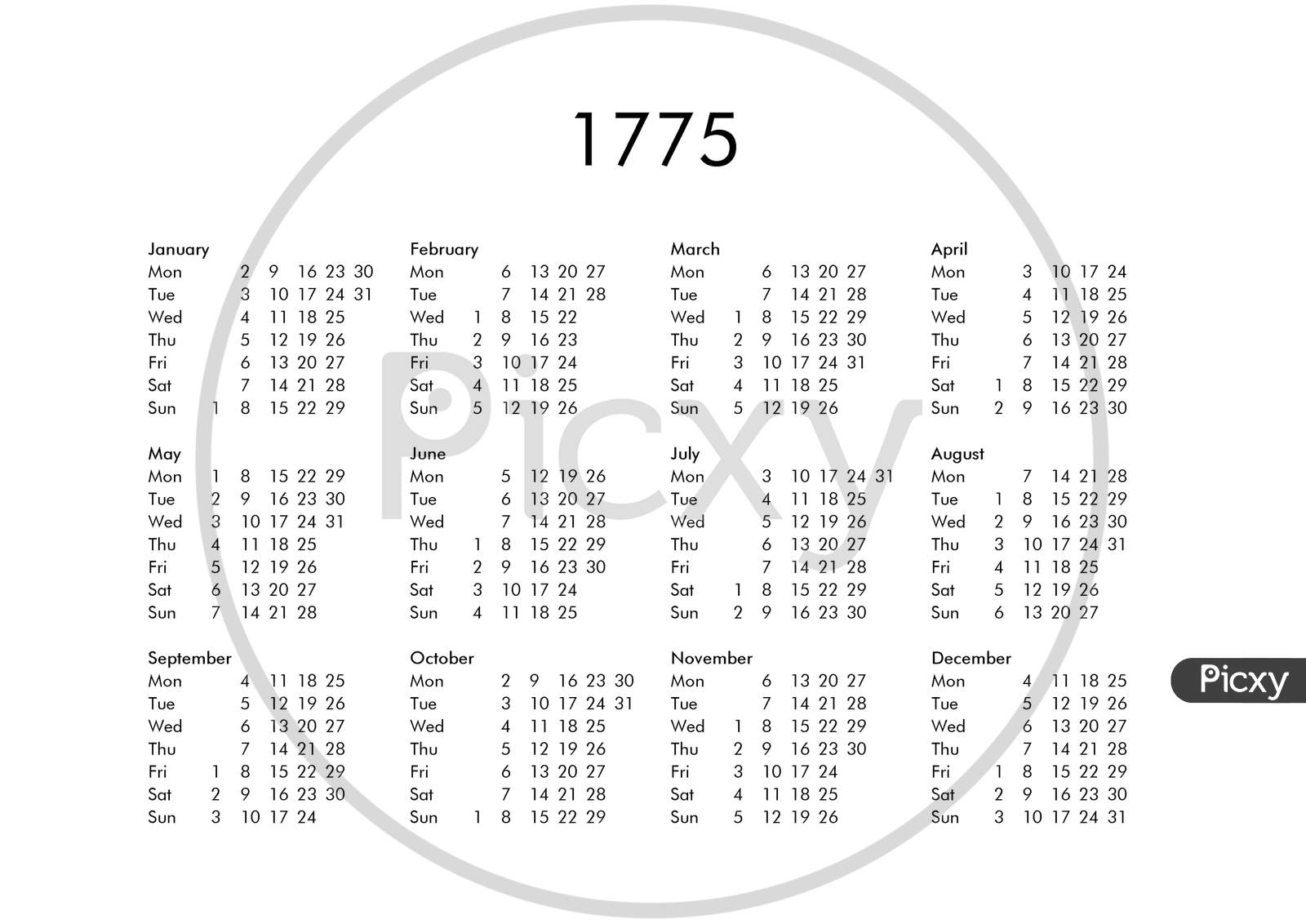 Calendar Of Year 1775