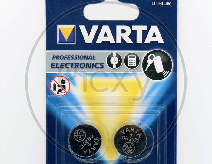 Berlin, Germany - Circa November 2018: Varta High Quality Cr2032 Lithium Battery