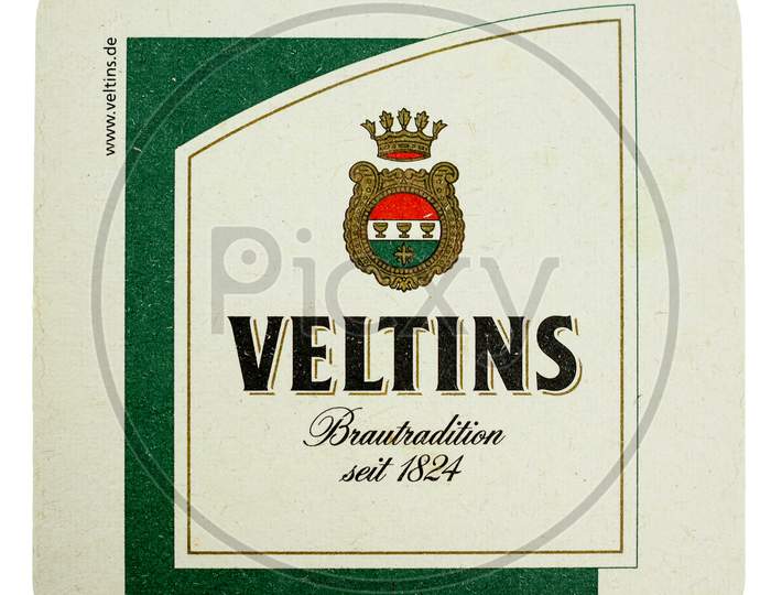 Berlin, Germany - March 15, 2015: Beermat Of German Beer Veltins Isolated Over White Background