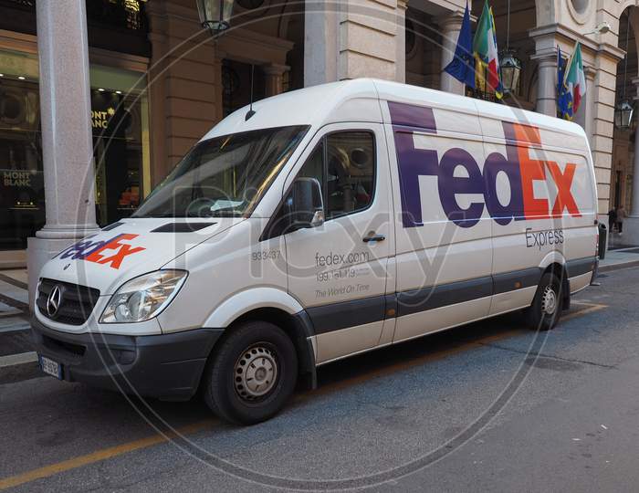 Turin, Italy - Circa May 2016: Fexex (Meaning Federal Express) Courier Van