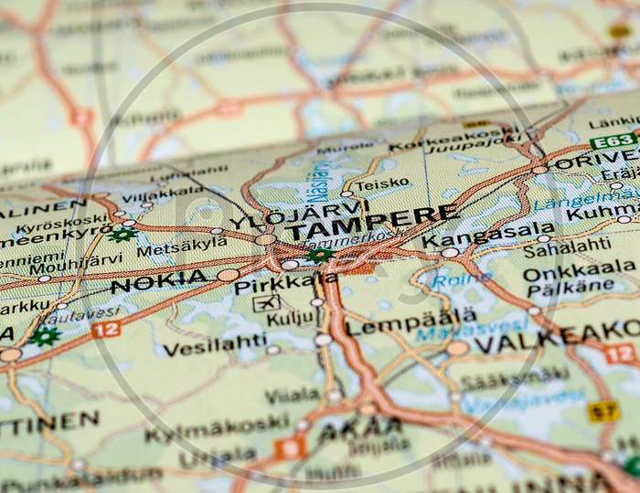 Tampere, Finland - Circa April 2016: Detail Of A Map Of The City With Selective Focus On Town Name