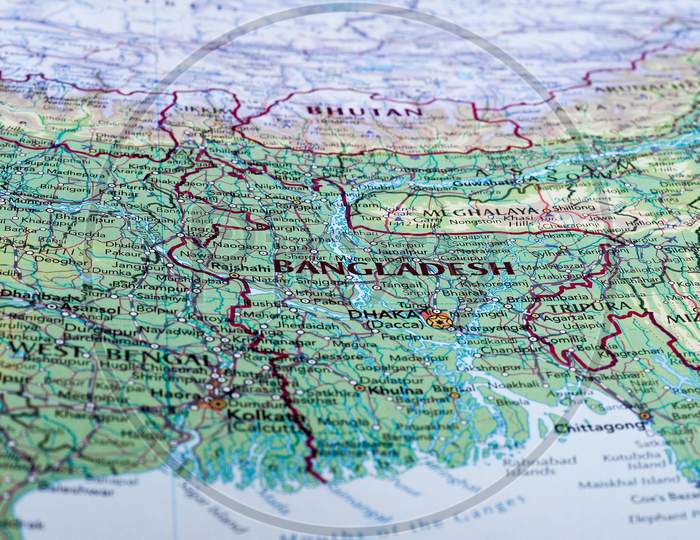 Dhaka, Banladesh - Circa May 2016: Map Of Banladesh With Selective Focus On Name Of Country