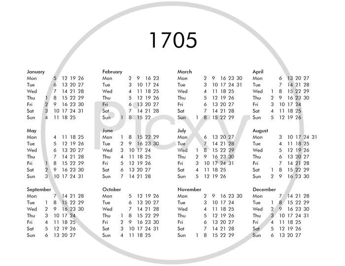 Calendar Of Year 1705