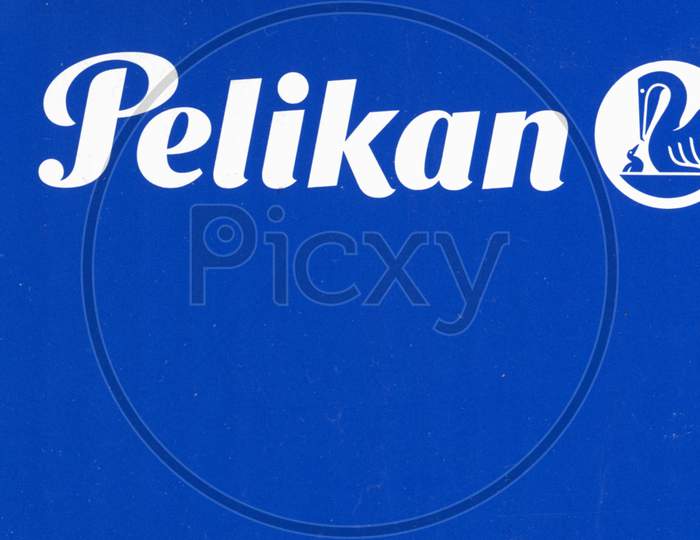Berlin, Germany - Circa May 2018: Pelikan Symbol On A Blue Cardboard Packet