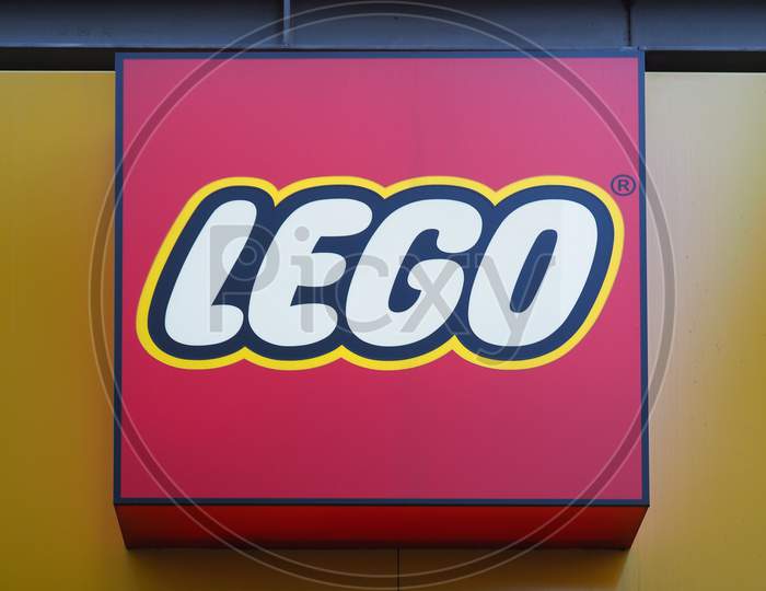 Koeln, Germany - Circa August 2019: Lego Sign