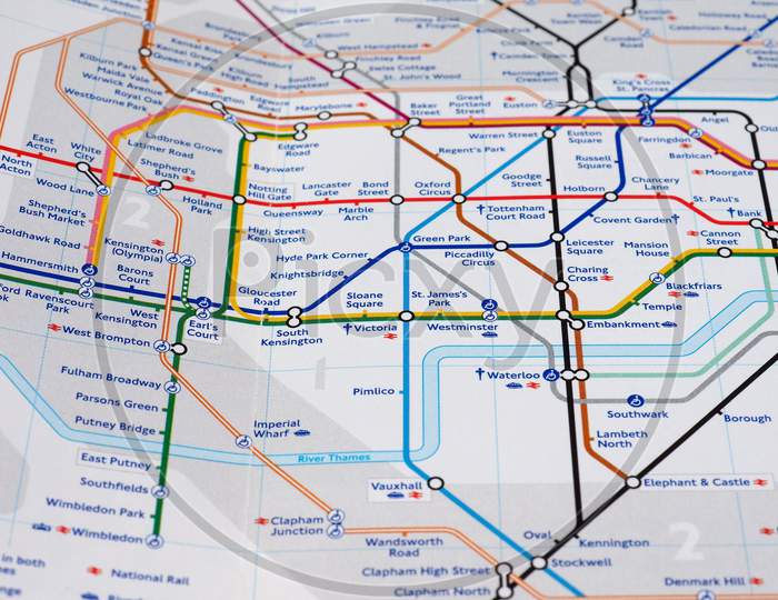 Image of London, Uk - Circa April 2016: Detail Of The Tube Map With ...