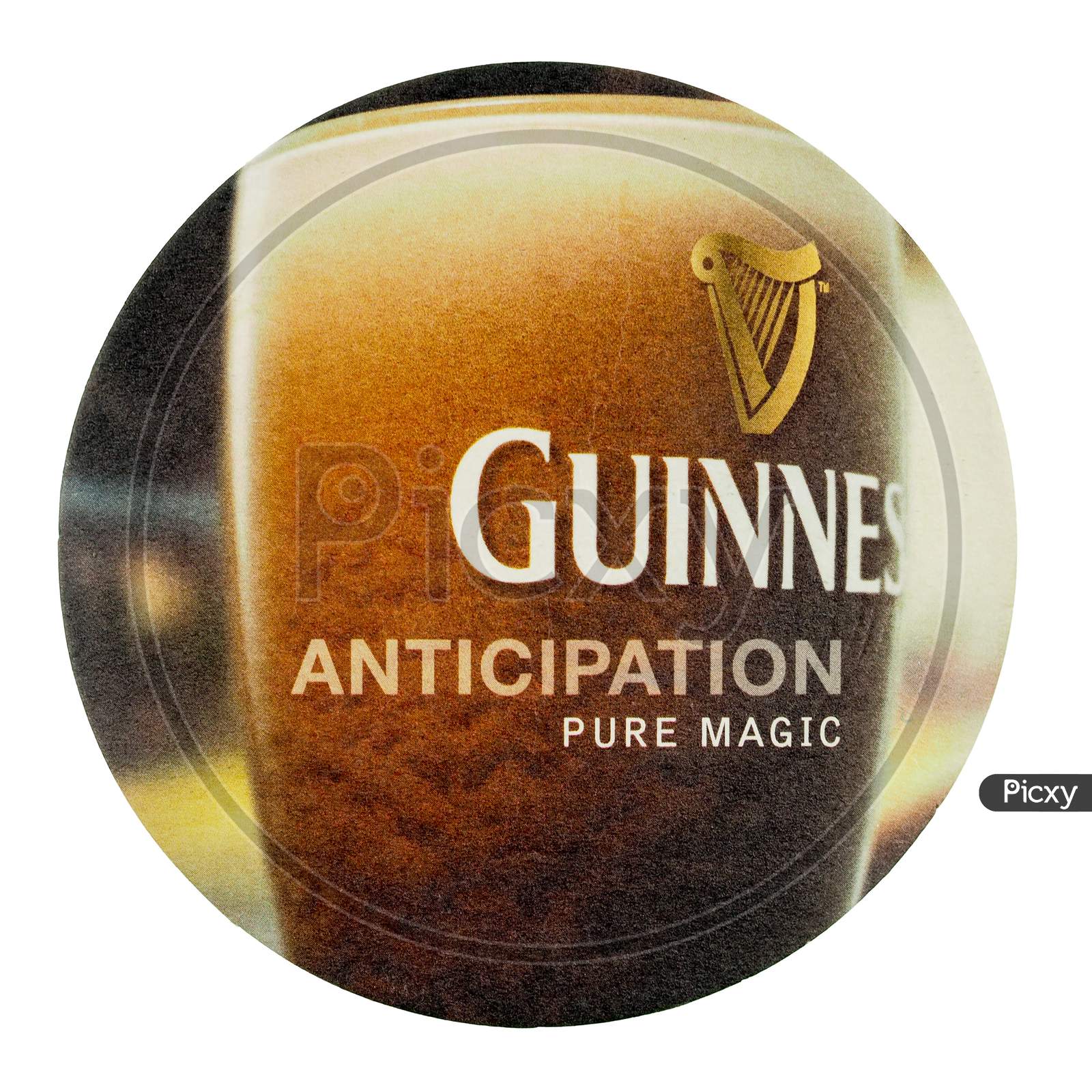 Dublin, Ireland - March 15, 2015: Beermat Of Irish Beer Guinness Isolated Over White Background