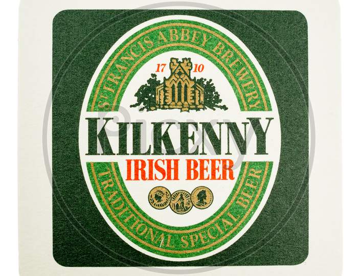 Dublin, Ireland - March 15, 2015: Beermat Of Irish Beer Kilkenny Isolated Over White Background