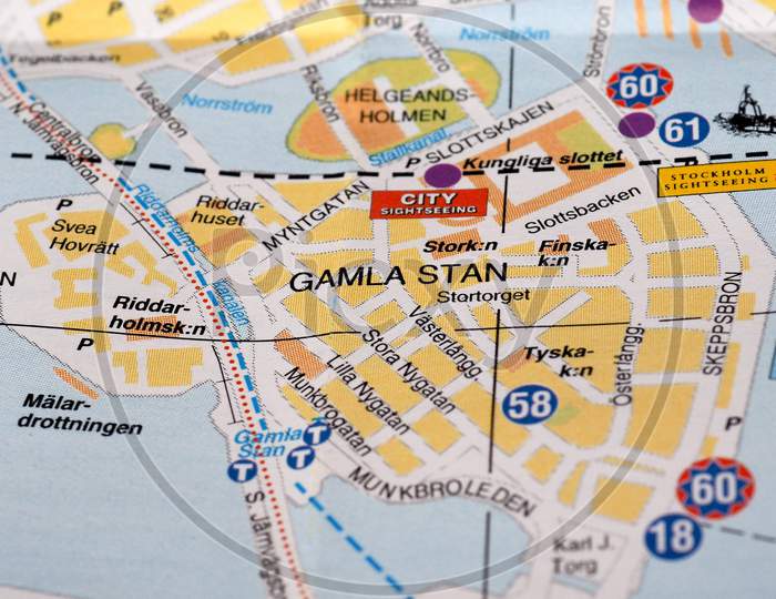 Stockholm, Sweden - Circa April 2016: Detail Of A Map Of The City With Selective Focus On Gamla Stan Area