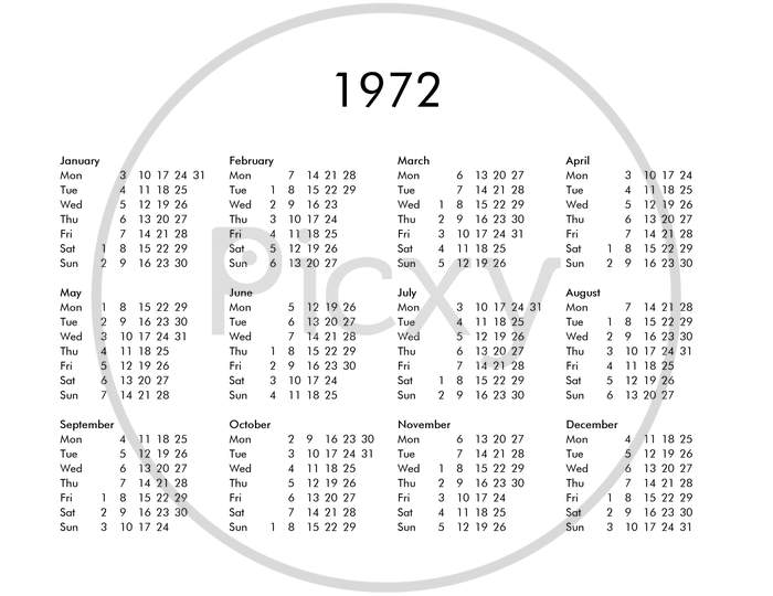 Calendar Of Year 1972