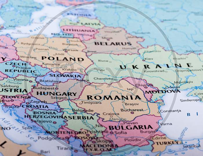Bucharest, Romania - Circa May 2016: Map Of Romania With Selective Focus On Name Of Country