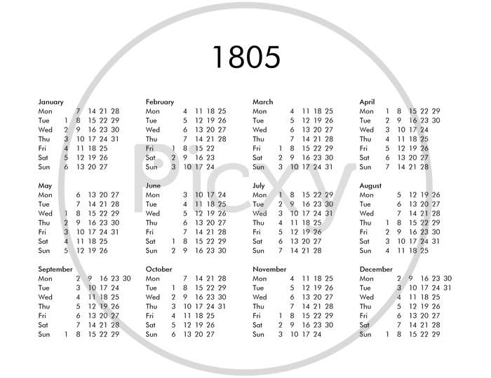 Calendar Of Year 1805
