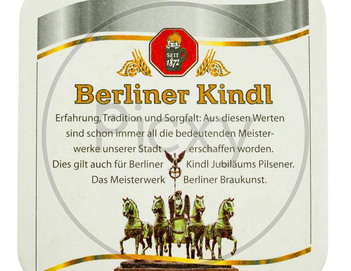 Berlin, Germany - March 15, 2015: Beermat Of German Beer Berliner Kindl Isolated Over White Background