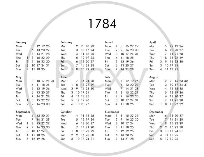 Calendar Of Year 1784