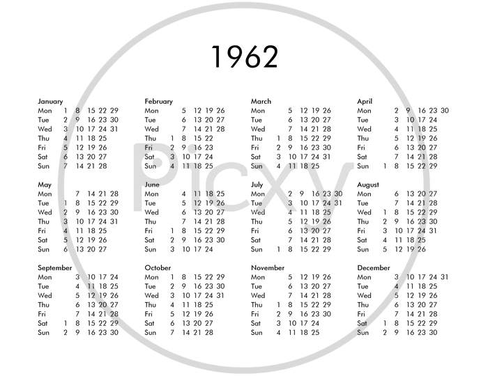 Calendar Of Year 1962