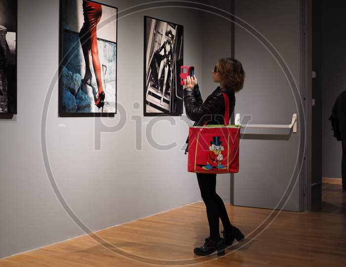 Image Of Turin Italy Circa February 2020 Woman Visiting The Helmut Newton Exhibition At Gam 