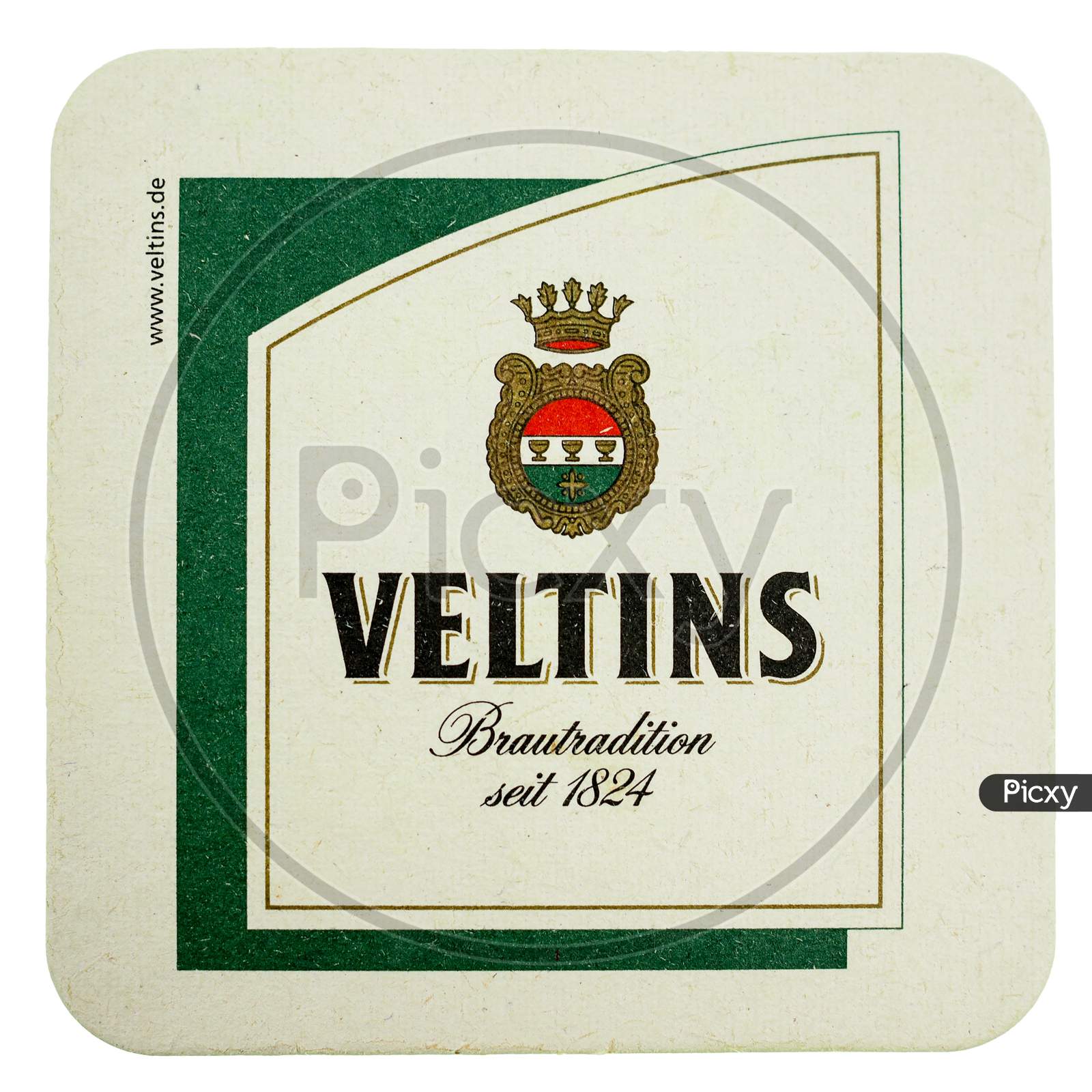 Berlin, Germany - March 15, 2015: Beermat Of German Beer Veltins Isolated Over White Background