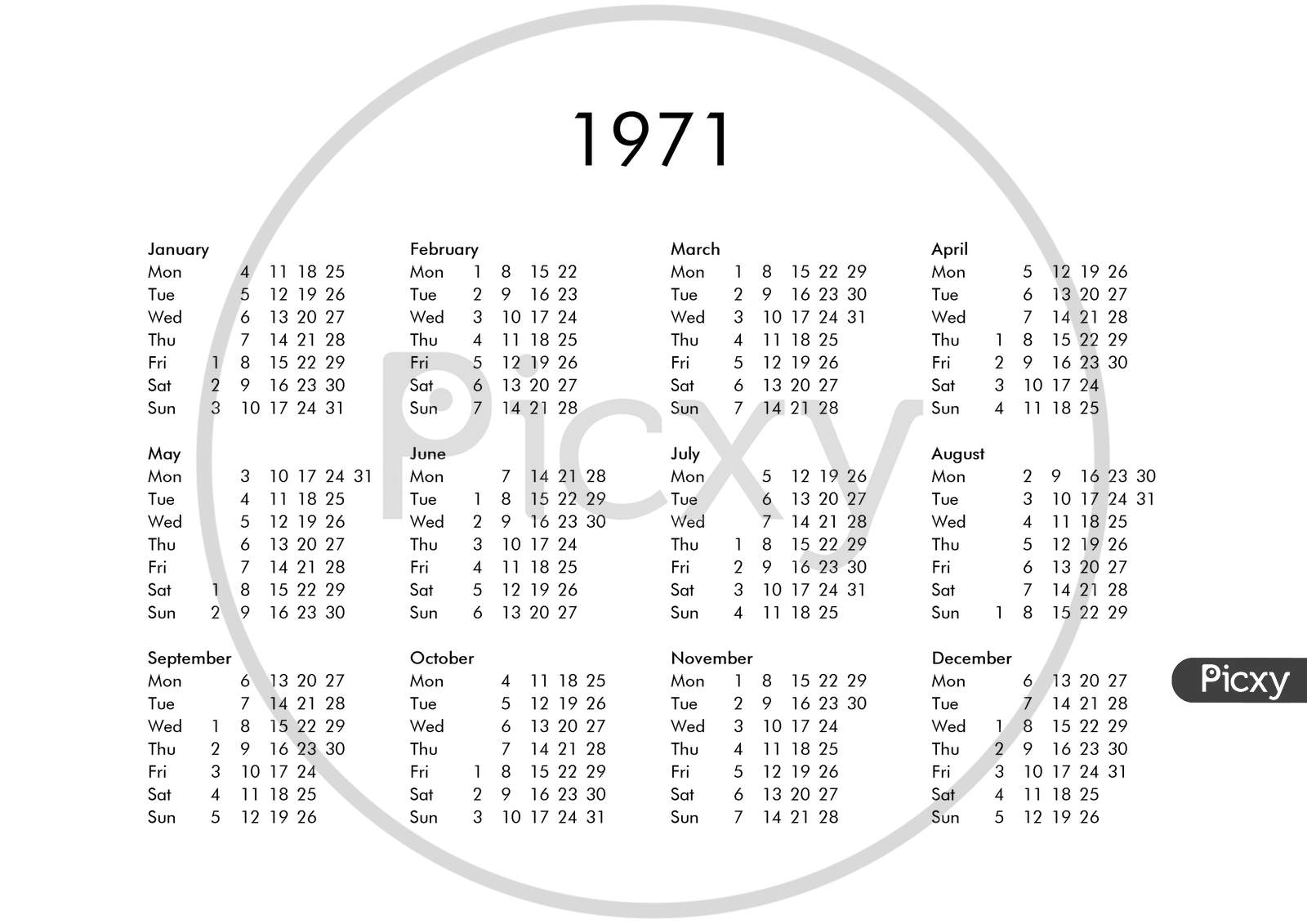 Calendar Of Year 1971