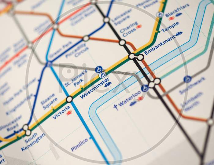 London, Uk - Circa 2018: Map Of London Underground Tube Stations With Selective Focus On Westminster Station For The Houses Of Parliament