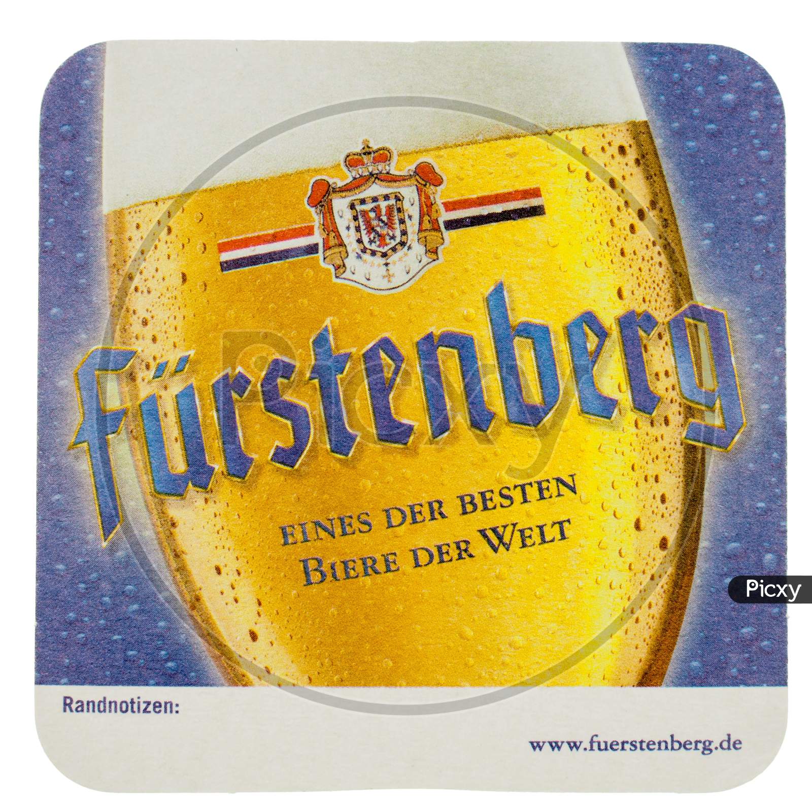 Berlin, Germany - March 15, 2015: Beermat Of German Beer Fuerstenberg Isolated Over White Background