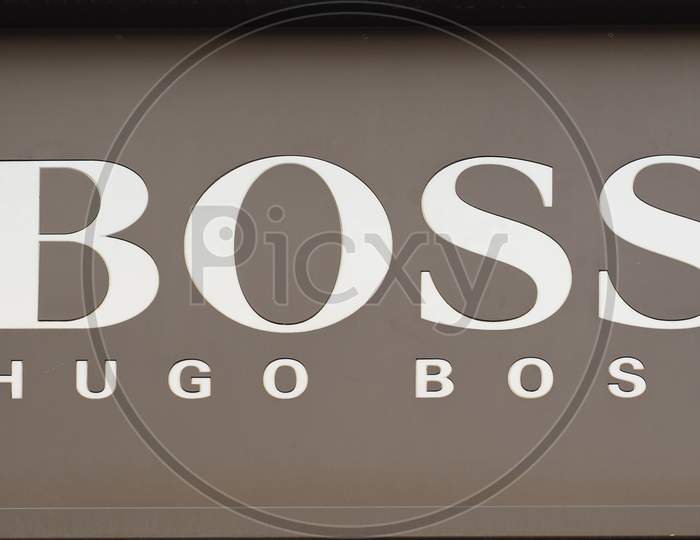 Duesseldorf, Germany - Circa August 2019: Hugo Boss Sign