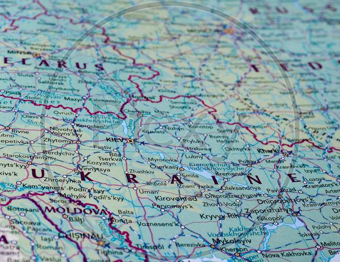 Kiev, Ukraine - Circa May 2016: Map Of Ukraine With Selective Focus On Name Of Country