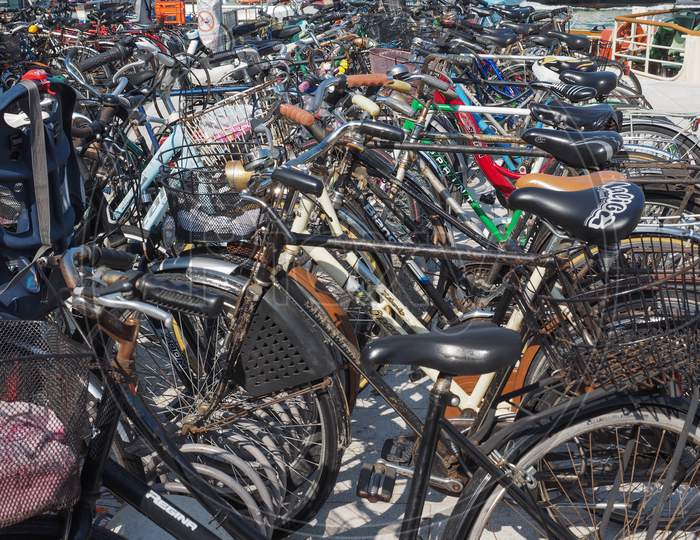 Venice, Italy - Circa September 2016: Many Bicycles Parked