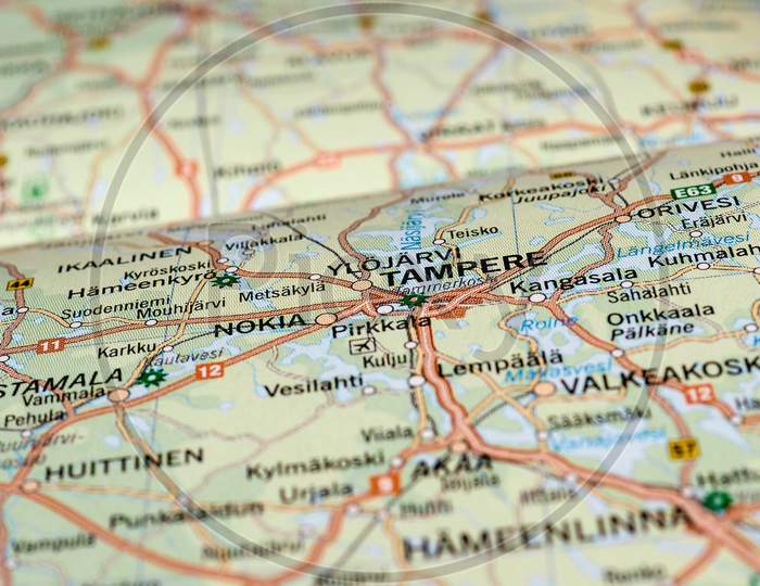 Tampere, Finland - Circa April 2016: Detail Of A Map Of The City With Selective Focus On Town Name