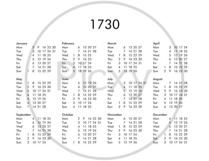 Calendar Of Year 1730